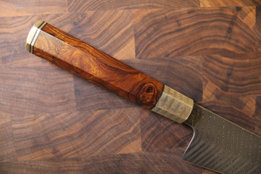 Walnut handle with Banded Ladder mokume and double carbon Chevron patterned blade.