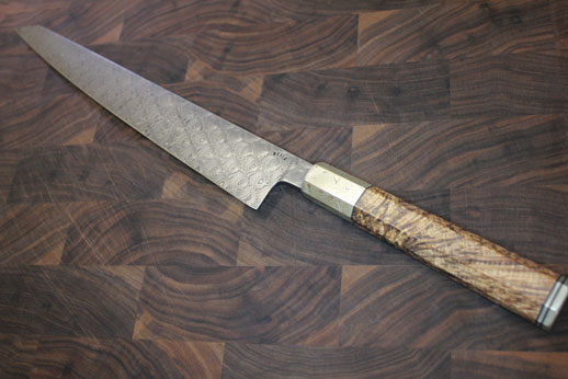 300mm Sujihiki in Bubblewrap double carbon with mokume ferule.