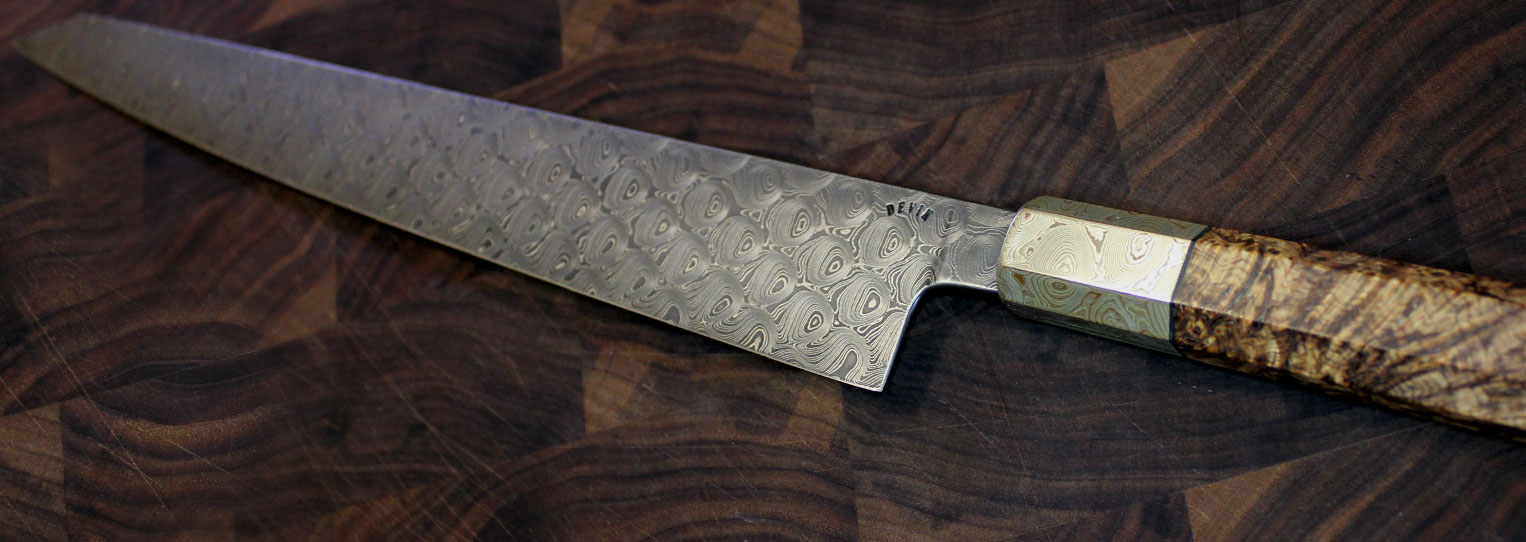 300mm Sujihiki in Bubble Wrap double carbon with mokume ferule.